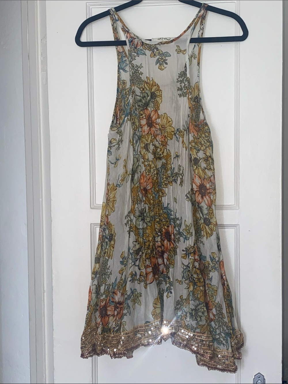 Free People One Floral Sequin Hem Slip Dress Cream with Yellow & Orange 
Size S